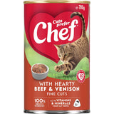 Gourmet wet cat food featuring hearty chunks of beef and venison, ensuring a complete and balanced diet for cats.