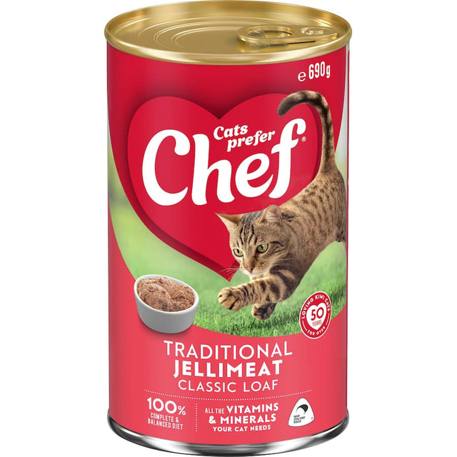 Chef Classic Wet Cat Food Traditional Jellimeat, a grain-free option packed with protein and essential vitamins for feline health.