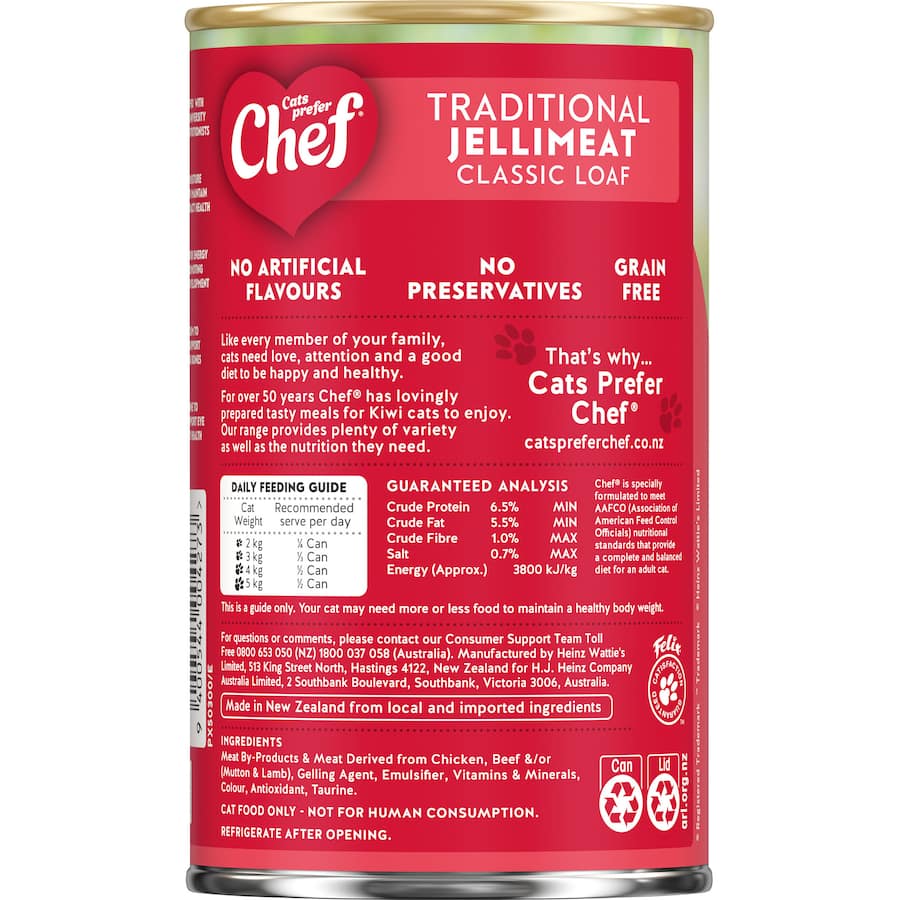 Chef Classic Wet Cat Food Traditional Jellimeat in a classic loaf, grain-free, packed with high-quality protein and essential nutrients.