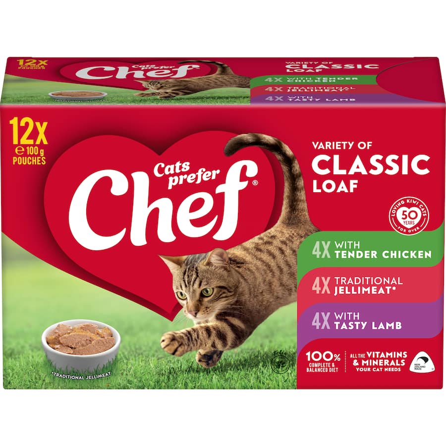 Chef Classic Wet Cat Food variety pack featuring tender chicken, jelly meat, and lamb in 12 nutritious pouches.