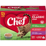 Chef Classic Wet Cat Food variety pack featuring tender chicken, jelly meat, and lamb in 12 nutritious pouches.