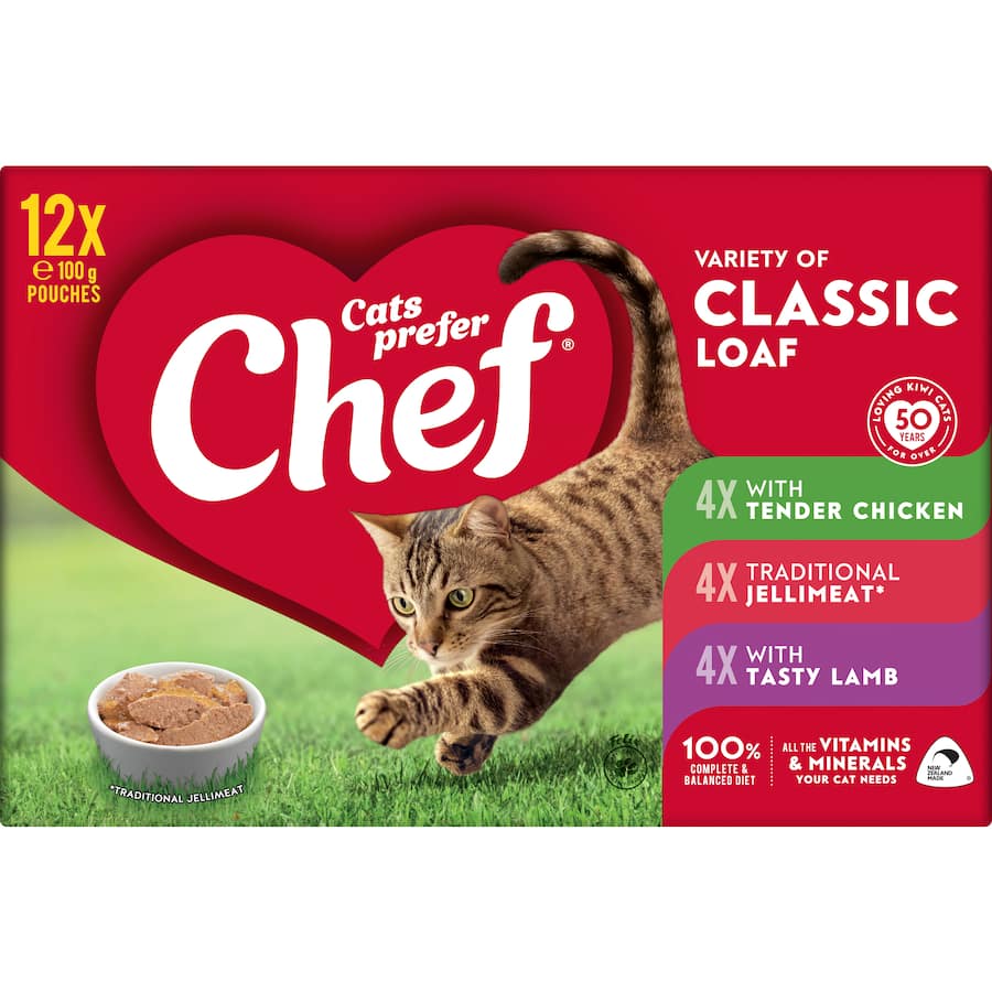 Chef Classic Wet Cat Food variety pack with 12 pouches of chicken, jelly meat, and lamb flavors for a nutritious meal.