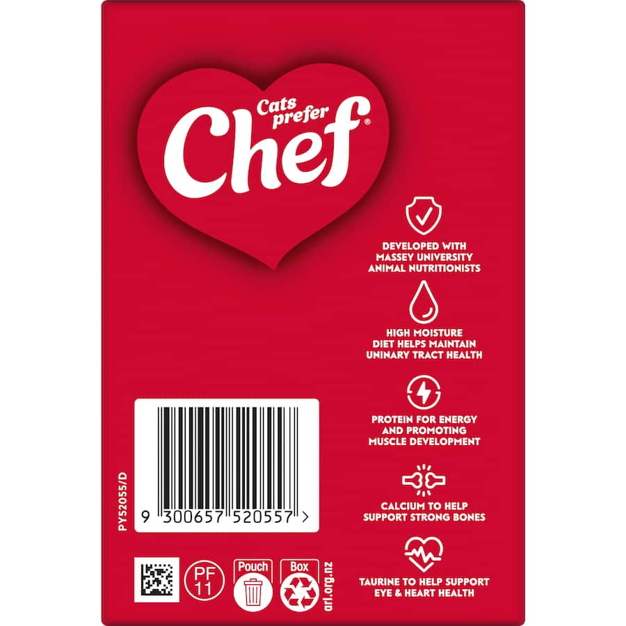 Twelve pouches of Chef Classic Wet Cat Food featuring chicken, jelly meat, and lamb in a nutritious, balanced selection.