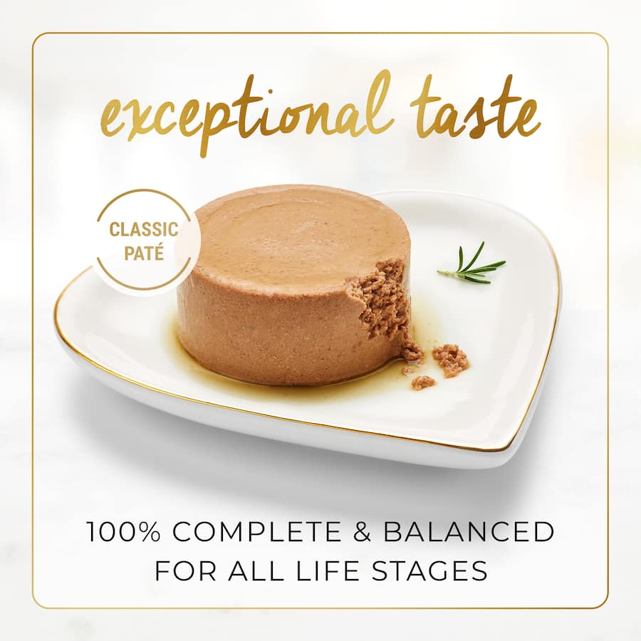 A gourmet chicken wet cat food featuring smooth pate, complete nutrition, and no artificial colors or preservatives.