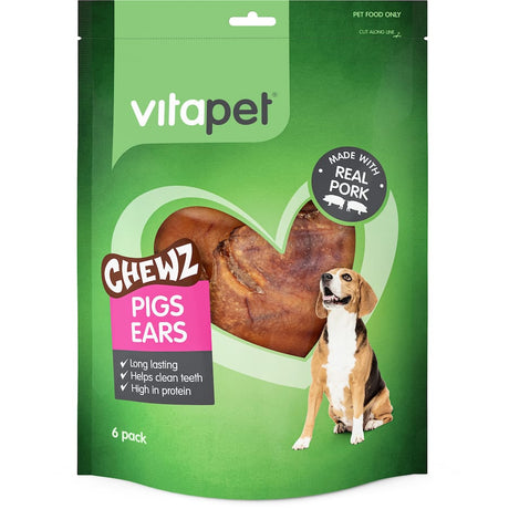 Vitapet Chewz Pigs Ears: natural dog treats for long-lasting chewing, promoting dental health and fresh breath. 6-pack.