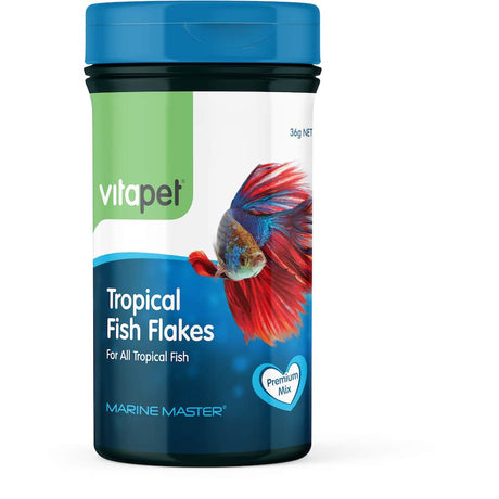 Vitapet Tropical Fish Flakes, a premium balanced diet rich in protein to enhance health and colors of tropical fish.