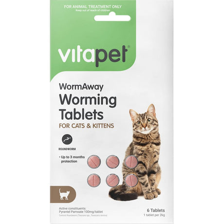 Vitapet Wormaway tablets for cats and kittens, providing 3 months roundworm protection, safe for all life stages.