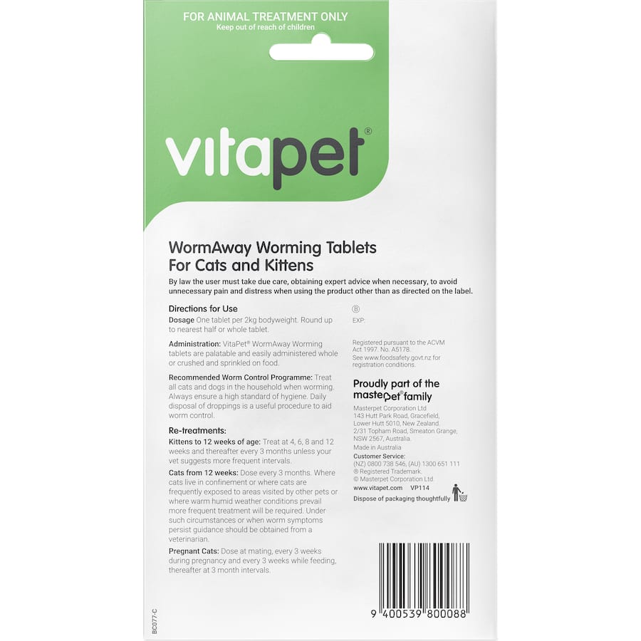 Vitapet Wormaway for cats and kittens: effective worm treatment with 3 months of roundworm protection. Safe for all felines.