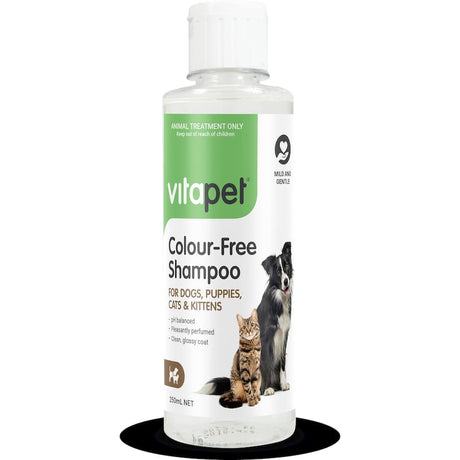 Gentle colour free shampoo for pets, pH balanced for sensitive skin, leaves coats clean, glossy, and delicately perfumed.