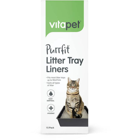Vitapet Purrfit Litter Tray Liners snugly fit trays up to 50 x 37cm, providing tear-resistant, leak-proof litter management.