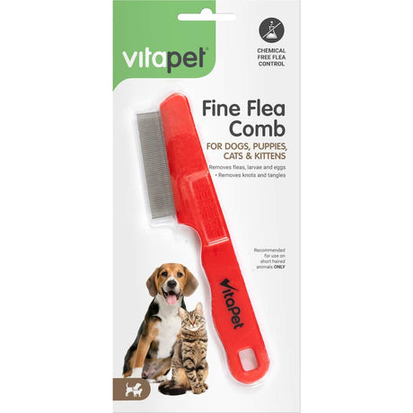 Fine tooth flea comb for cats and dogs, effectively removes fleas, larvae, and eggs while detangling fur safely.