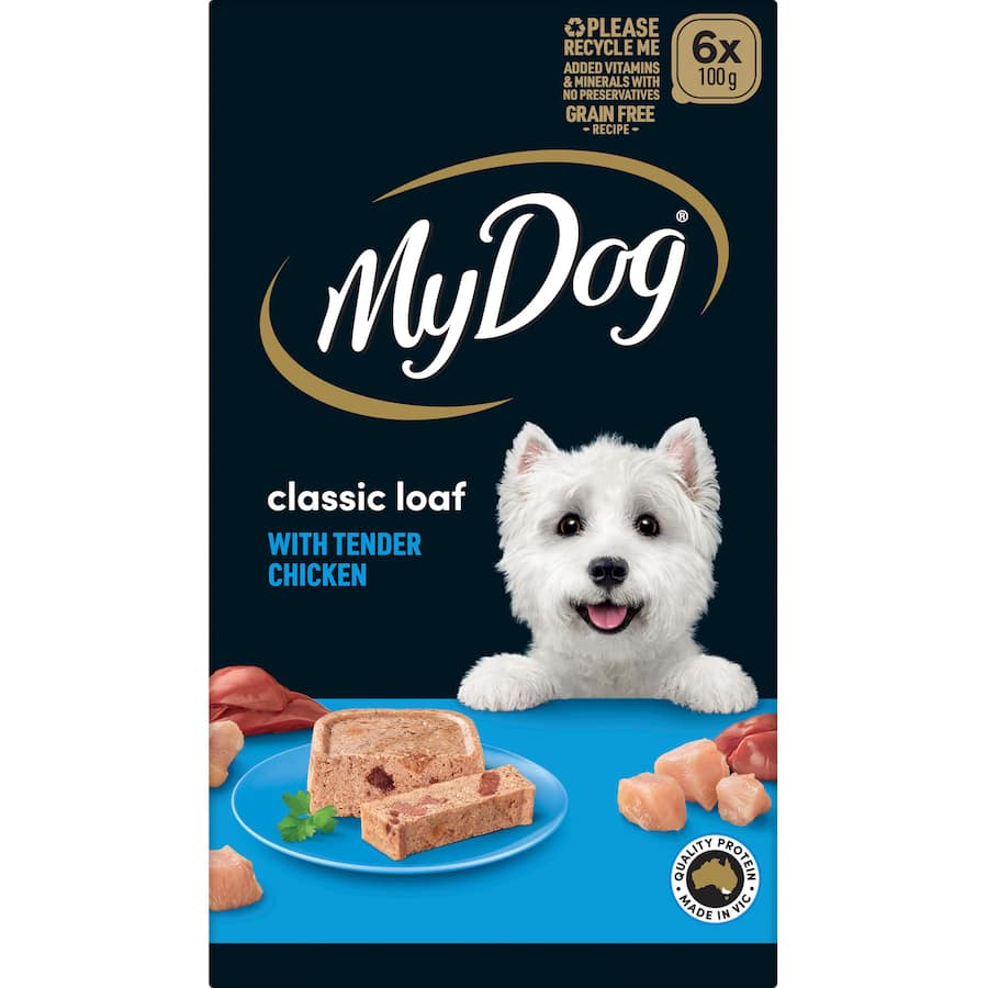 My Dog Wet Dog Food Chicken Supreme Meaty Loaf pack featuring 6 trays of tender, grain-free chicken in natural juices.