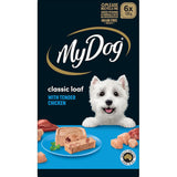 My Dog Wet Dog Food Chicken Supreme Meaty Loaf pack featuring 6 trays of tender, grain-free chicken in natural juices.