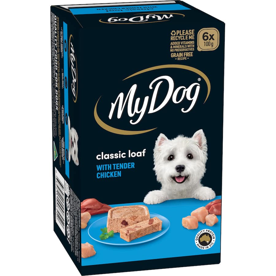 Six 100g trays of My Dog Wet Dog Food Chicken Supreme, featuring tender chicken in gravy, grain-free and enriched with vitamins.