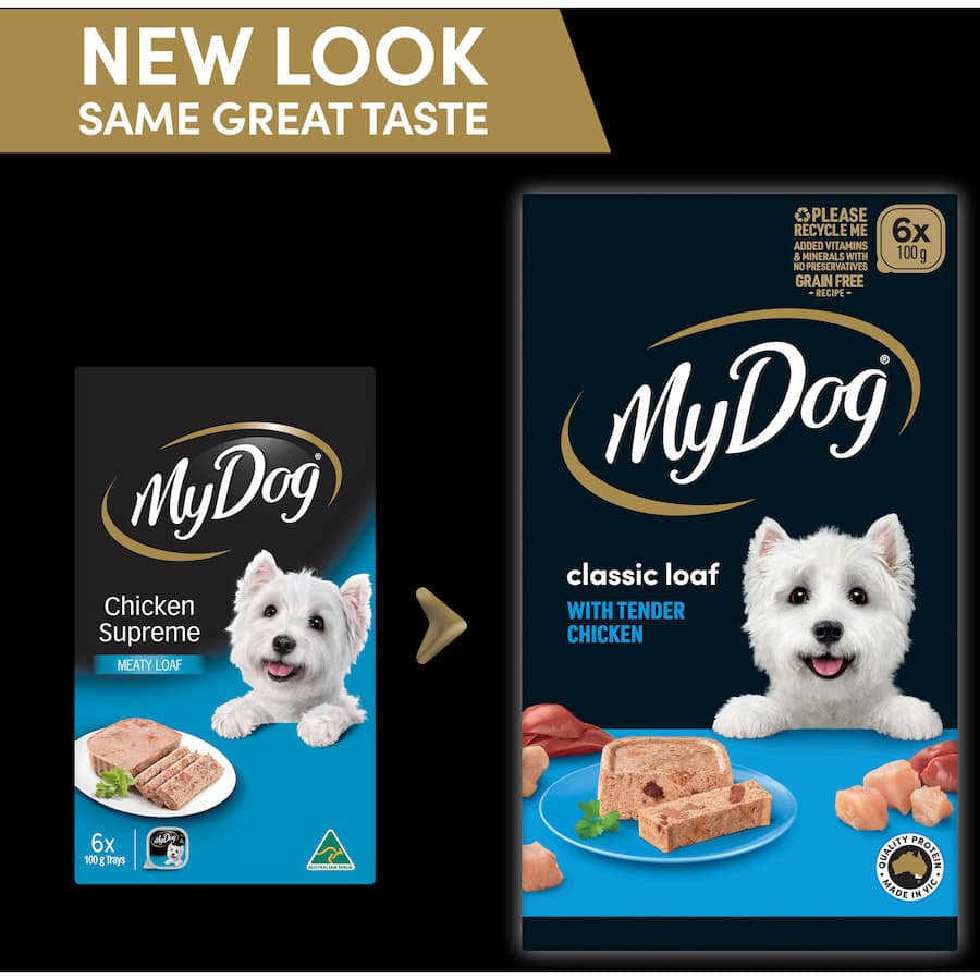 My Dog Wet Dog Food Chicken Supreme Meaty Loaf in trays, featuring tender chicken, grain-free, and enriched with essential nutrients.