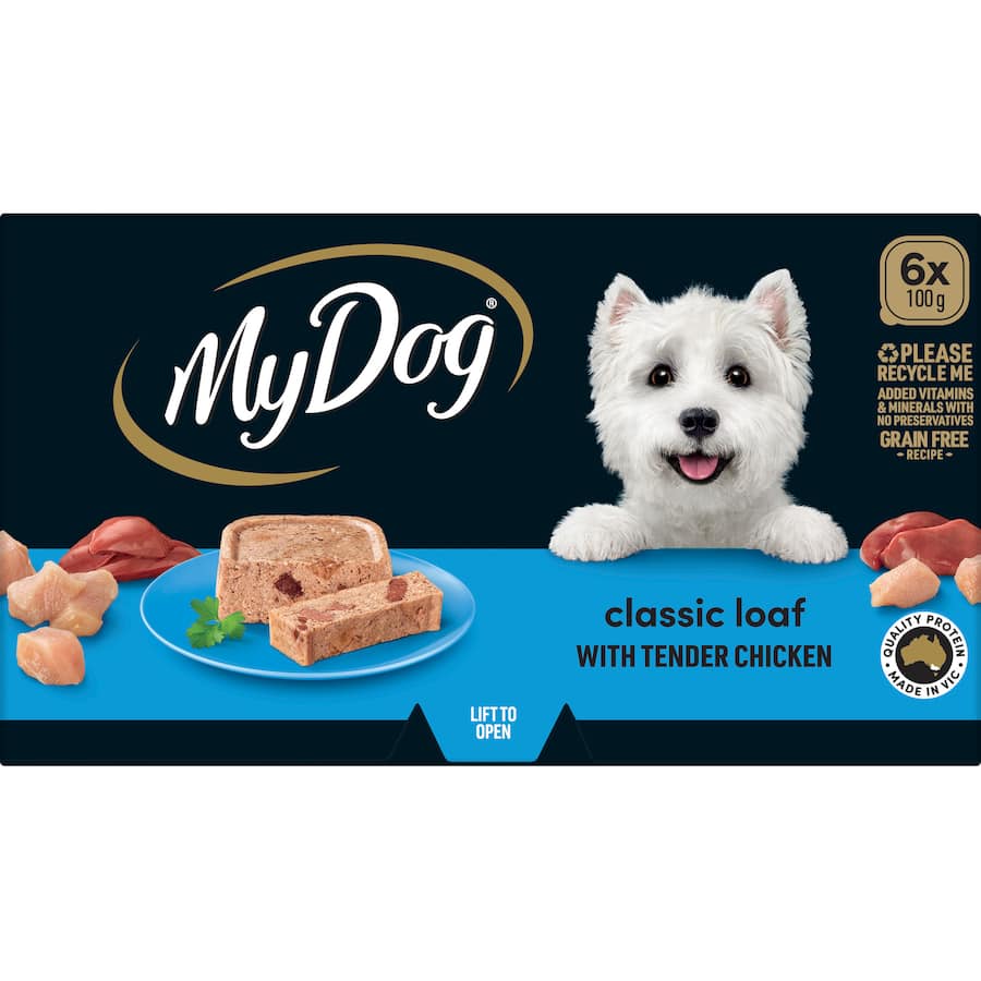 Wet dog food trays featuring tender chicken loaf, enriched with vitamins, grain-free, and free from preservatives.