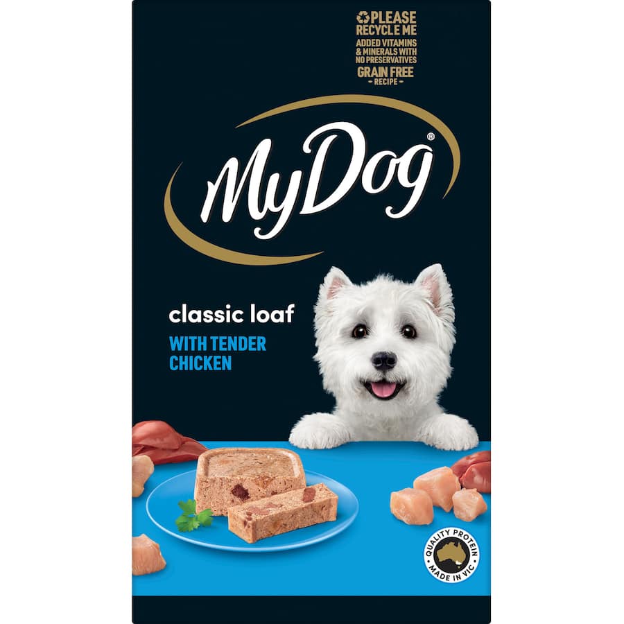 Tender Chicken Supreme Meaty Loaf for dogs, featuring Australian meat, vitamins, and a grain-free, preservative-free formula.