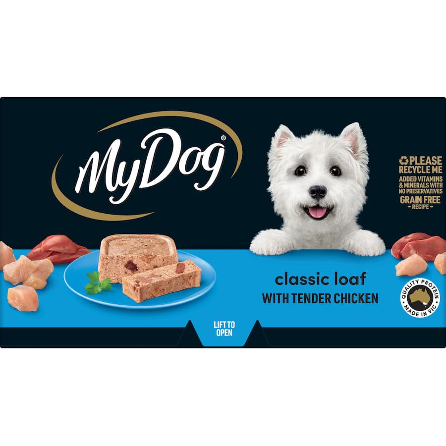 My Dog Wet Dog Food Chicken Supreme Meaty Loaf, grain-free, premium Australian chicken, enriched with vitamins, no preservatives.