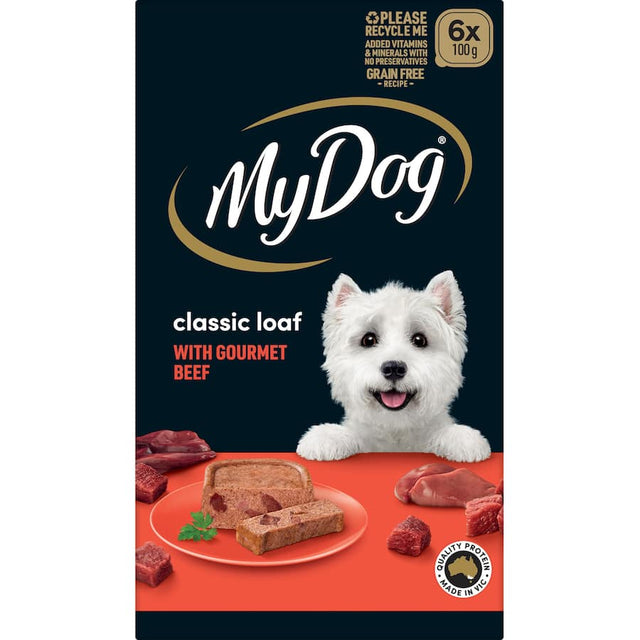 Gourmet beef meaty loaf in 6 trays, crafted with premium Australian meat, grain-free, essential nutrients for dogs.