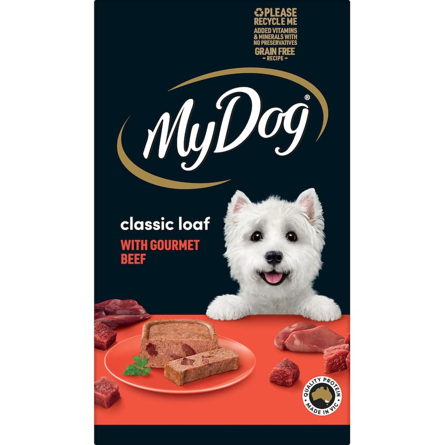 Gourmet wet dog food featuring beef meaty loaf, grain-free, premium Australian meat, and essential nutrients in 6 x 100g trays.