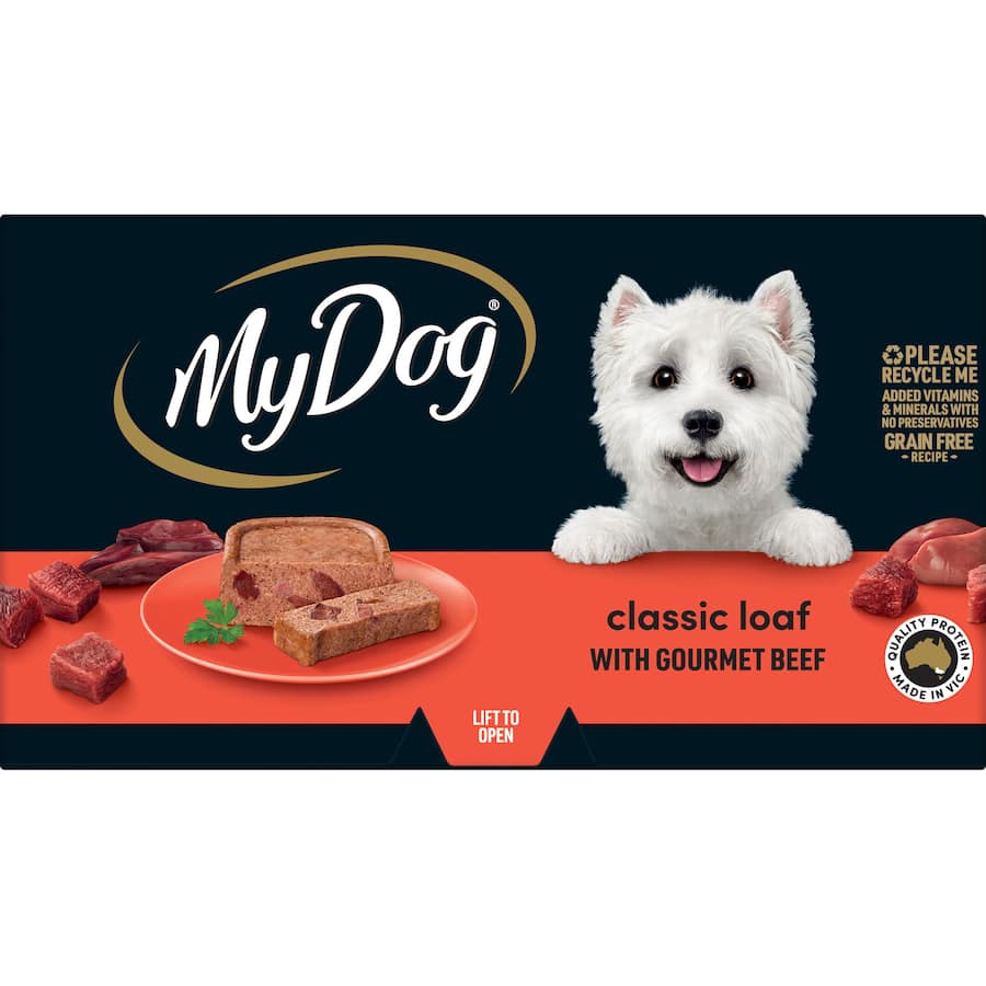 Gourmet wet dog food with premium Australian beef, grain-free, no preservatives, complete and balanced meal for dogs.