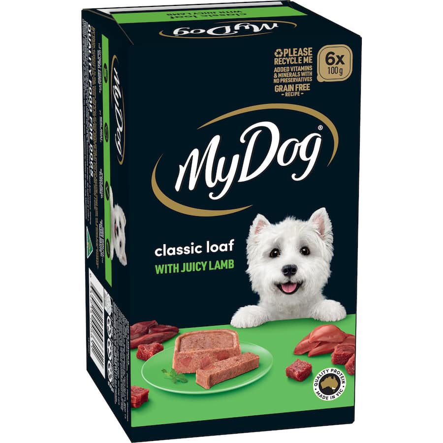 Lamb classic meaty loaf wet dog food in 6 x 100g trays, made with premium Australian lamb and essential nutrients.