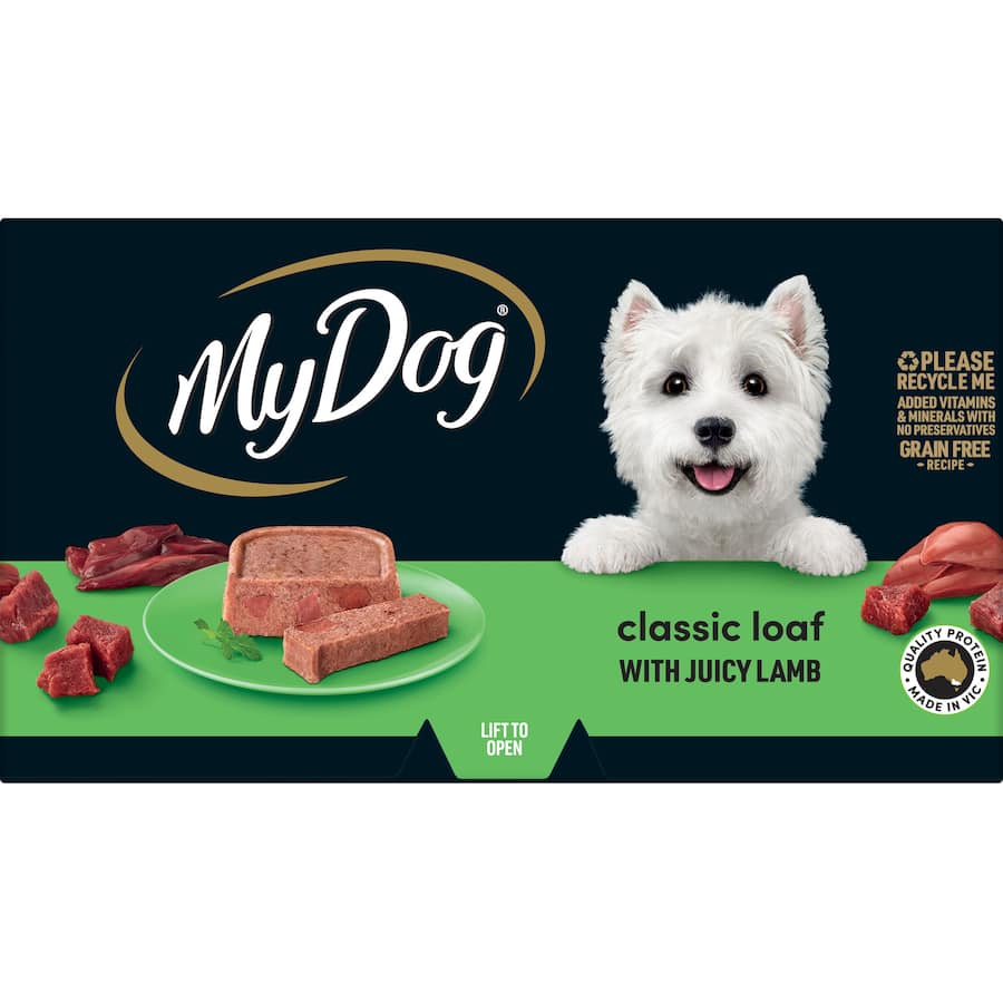 My Dog Wet Dog Food Lamb Classic Meaty Loaf, 6 x 100g trays of premium Australian lamb, grain-free and nutritious for dogs.