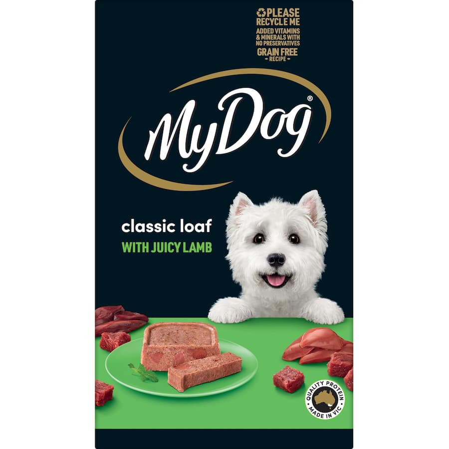 Meaty loaf of wet dog food made with premium Australian lamb in convenient 6 x 100g trays, grain-free and preservative-free.