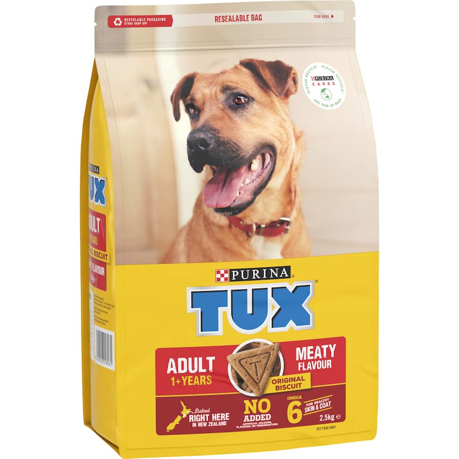A bag of Tux Dry Dog Food Original Meaty, nutritious kibble with a savory meaty flavor, ideal for all dog breeds.