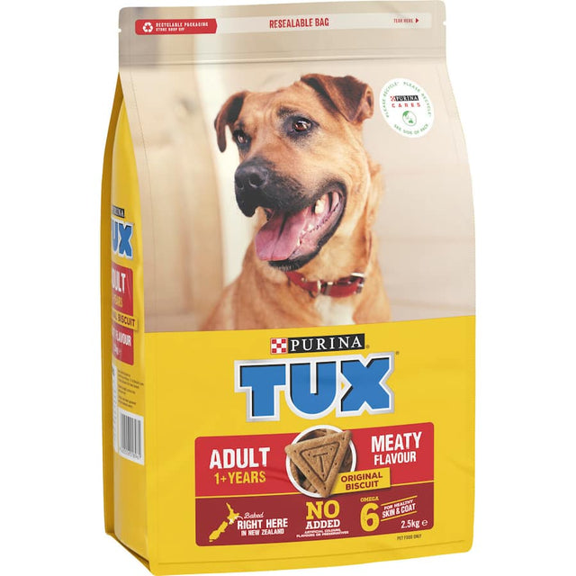 A bag of Tux Dry Dog Food Original Meaty, nutritious kibble with a savory meaty flavor, ideal for all dog breeds.