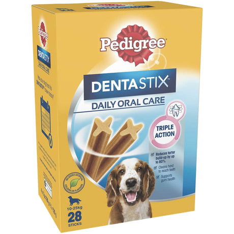 Pedigree Dentastix for medium dogs: x-shaped dental chews that reduce tartar and support gum health, featuring natural ingredients.
