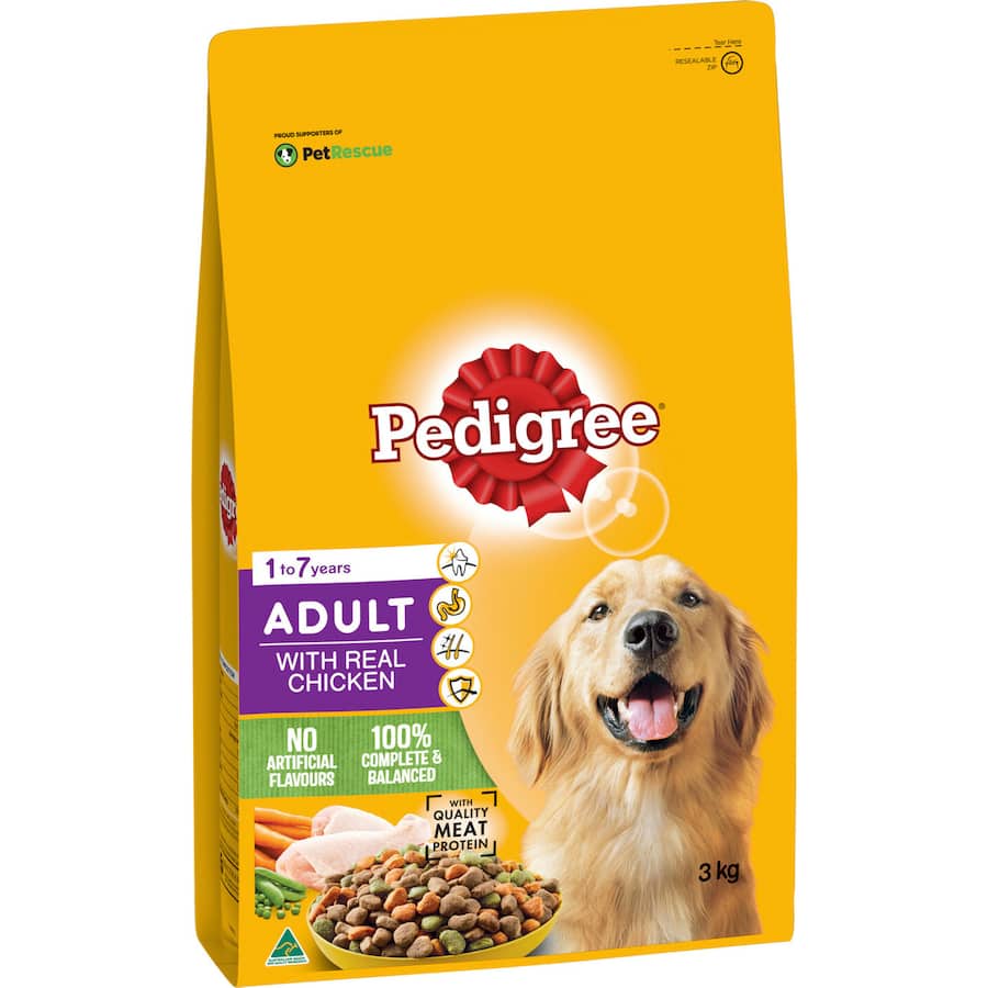 Pedigree Dry Dog Food with Real Chicken in a 3kg bag, providing adult dogs with complete nutrition for health and vitality.