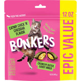Delicious Bonkers Cat Treats with chicken, cheddar, and catnip, promoting playful behavior in cats.
