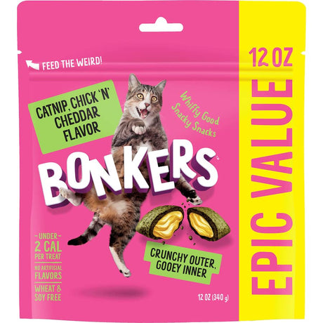 Delicious Bonkers Cat Treats with chicken, cheddar, and catnip, promoting playful behavior in cats.