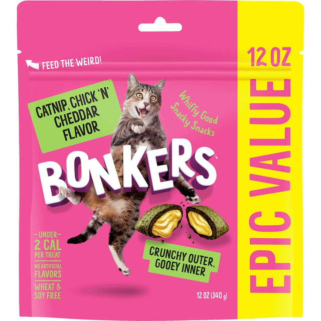 Delicious Bonkers Cat Treats with chicken, cheddar, and catnip, promoting playful behavior in cats.