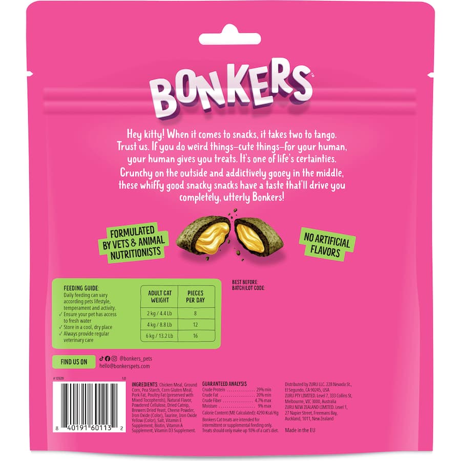 Bonkers Cat Treats featuring catnip, chicken, and cheddar, promoting playfulness and enjoyment for your feline.
