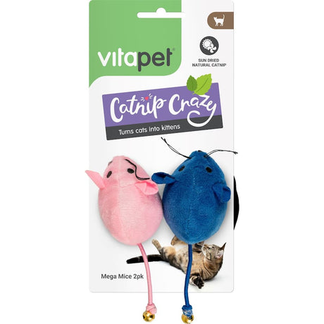 Two colorful catnip-filled mouse toys designed to engage and entertain indoor cats, promoting playful activity and exercise.
