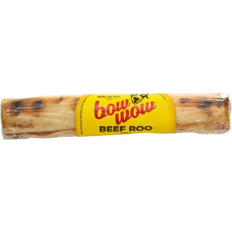 Bow Wow Dog Treats Beef Roo Roll features all-natural kangaroo filling in beef rawhide, promoting healthy, tasty chewing for dogs.
