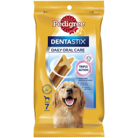 Pedigree Dentastix for large dogs, 7 X-shaped chews support dental health and reduce tartar by 80% without artificial additives.