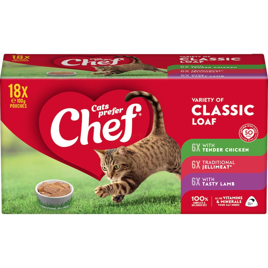 Chef Classic Wet Cat Food Loaf Mixed Selection features three meaty flavors in easy-to-serve pouches for a nutritious feline meal.
