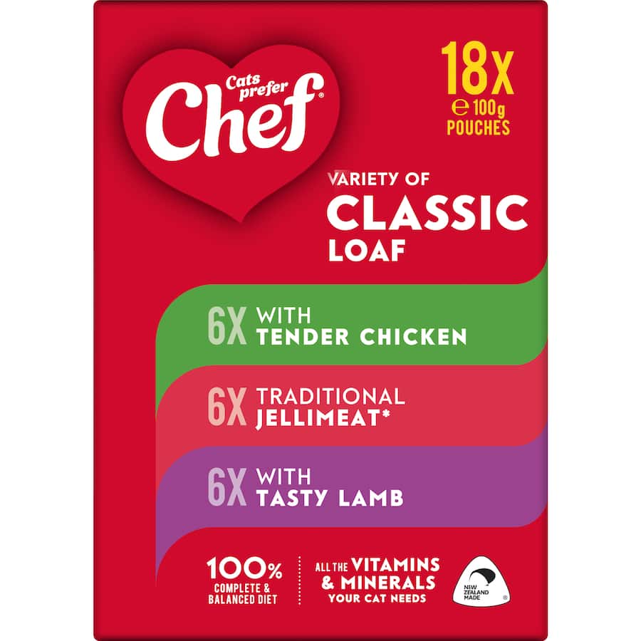 Chef Classic Wet Cat Food Loaf Mixed Selection features three meaty flavors in easy-to-serve pouches for a nutritious feline meal.
