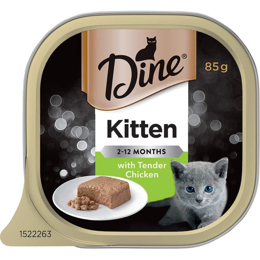 A bowl of Dine Classic Kitten Wet Cat Food featuring tender chicken chunks for nutritious growth and playful energy.