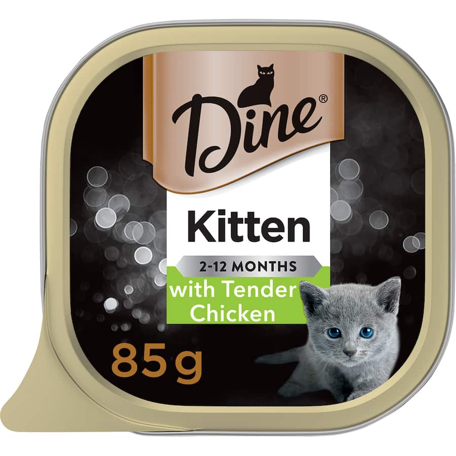 Tender chunks of chicken in Dine Classic Kitten Wet Cat Food, enriched with essential vitamins for healthy growth.