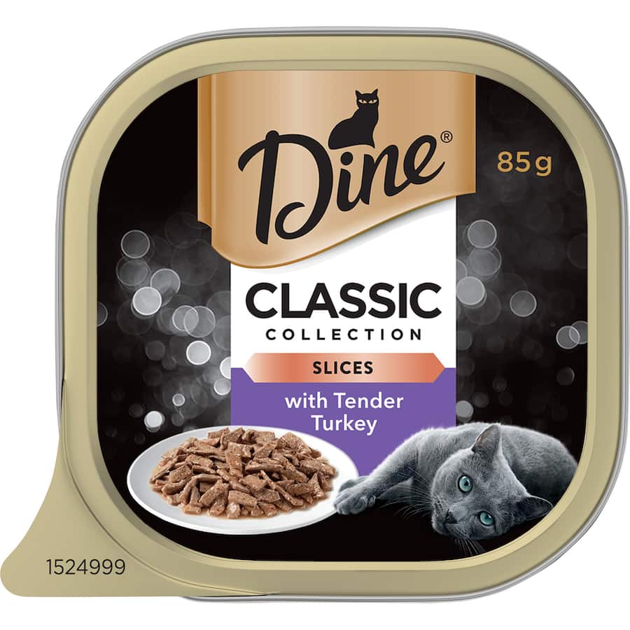 Gourmet wet cat food featuring tender turkey slices in savory gravy for a luxurious feline dining experience.