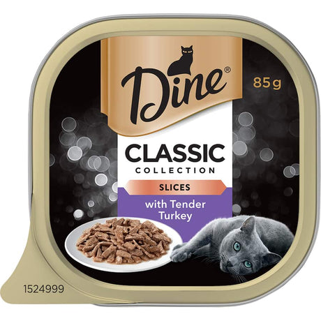 Gourmet wet cat food featuring tender turkey slices in savory gravy for a luxurious feline dining experience.