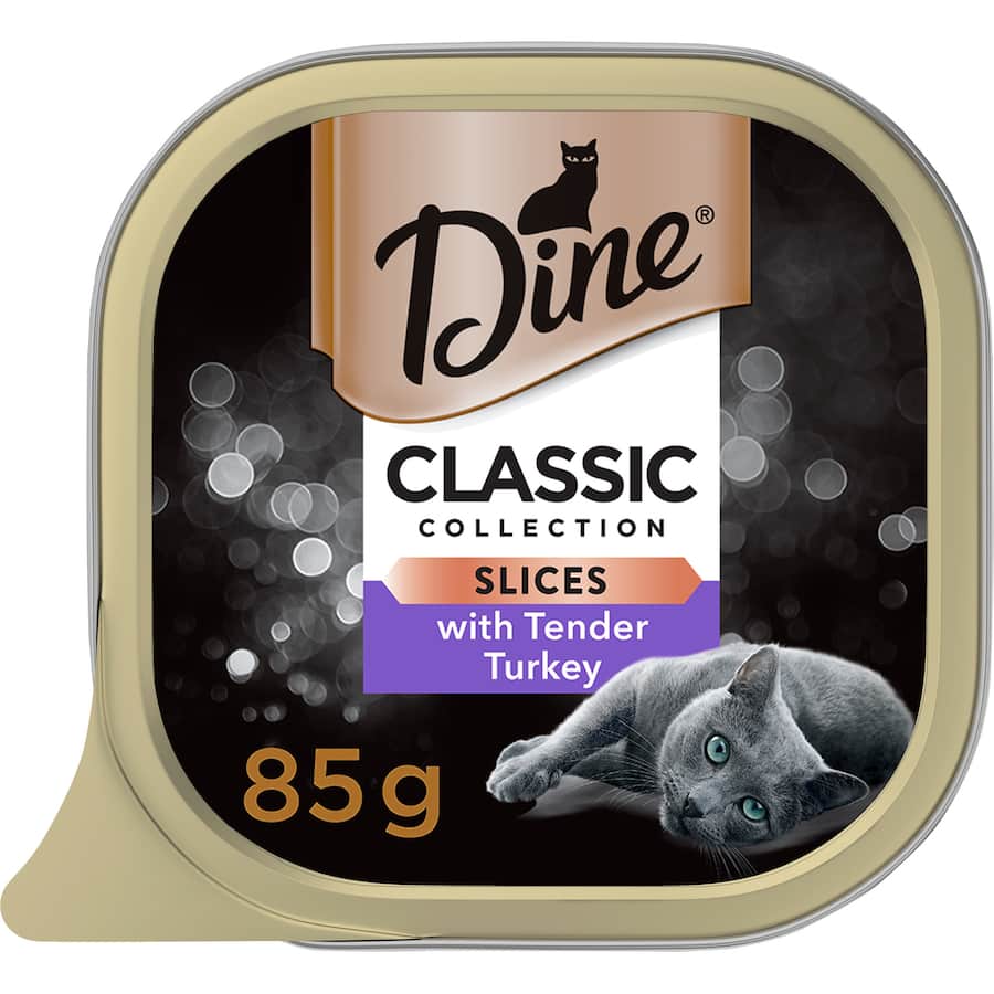 Gourmet wet cat food featuring tender turkey slices in rich gravy, perfect for pampering your feline friend at mealtime.
