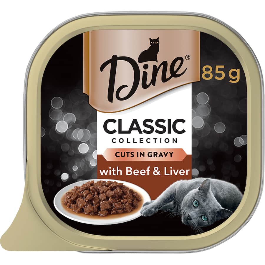 Gourmet wet cat food featuring tender beef and liver in rich gravy, designed to delight adult cats with every bite.