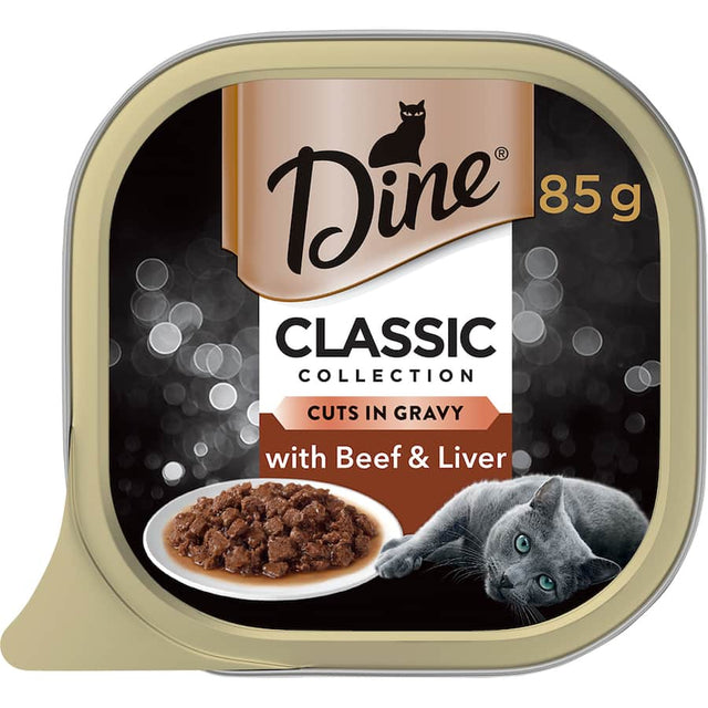 Gourmet wet cat food featuring tender beef and liver in rich gravy, designed to delight adult cats with every bite.
