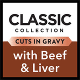 Gourmet wet cat food featuring tender beef and liver in rich gravy, crafted for adult cats' health and indulgence.