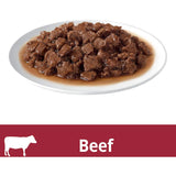 Gourmet wet cat food with tender beef and liver in luxurious gravy, crafted for adult cats' optimal health and taste.